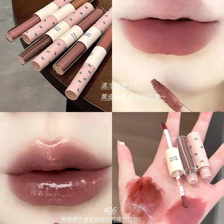 رژ لب دو سر BLACKNANA براق آینه‌ای مناسب استفاده روزانه با رنگ خاکستری-صورتی و بافت گلی و براق، مناسب آرایش ملایم و بدون آرایش