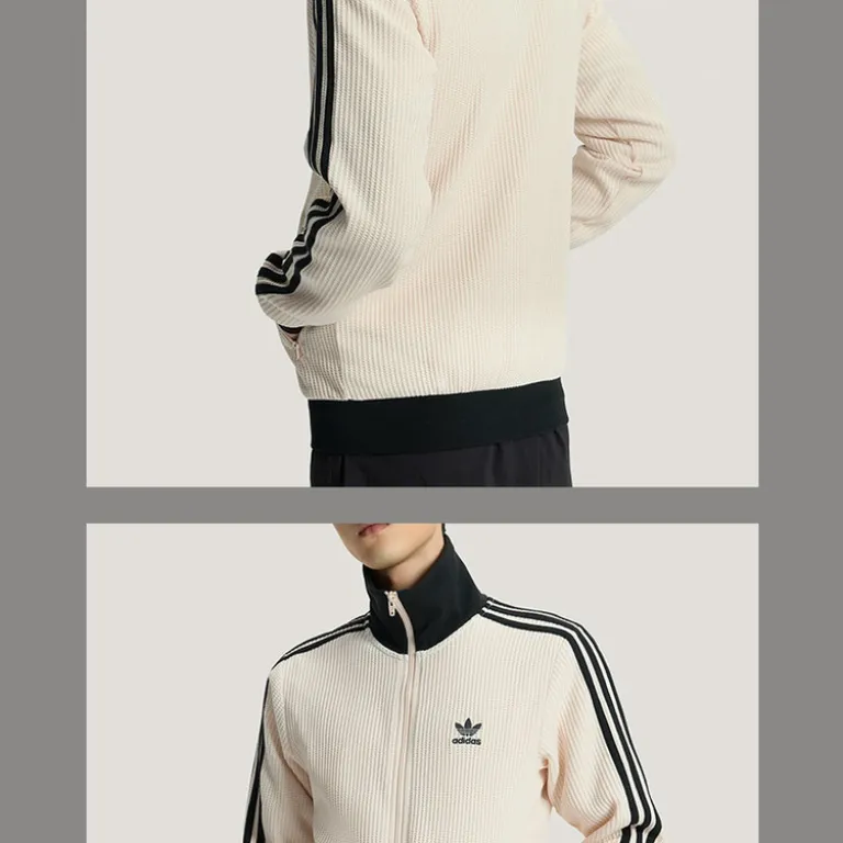 کاپشن یقه‌ایستاده adidas Originals طرح راه‌راه و بافت وافل، مناسب زنانه و مردانه، استایل اسپرت و شیک