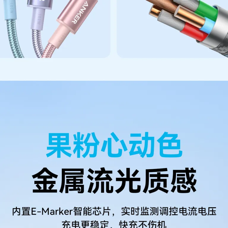 کابل شارژ سریع Anker بافته شده PD100W نایلونی تایپ C برای اندروید A8756-A8757-A8758
