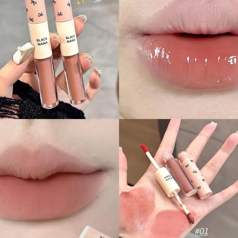 رژ لب دو سر BLACKNANA براق آینه‌ای مناسب استفاده روزانه با رنگ خاکستری-صورتی و بافت گلی و براق، مناسب آرایش ملایم و بدون آرایش