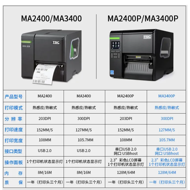 چاپگر لیبل چندکاره TSC ma2400/ma3400 چاپگر لیبل، لیبل شستشو، آویز، چاپگر بارکد انتقال حرارتی