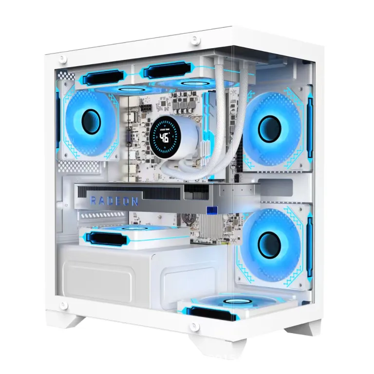 کیس کامپیوتر روباه نه‌دم T2 بدون ستون با نمای panoramic، شیشه جانبی، matx، 240 خنک‌کننده آبی، بدنه DIY