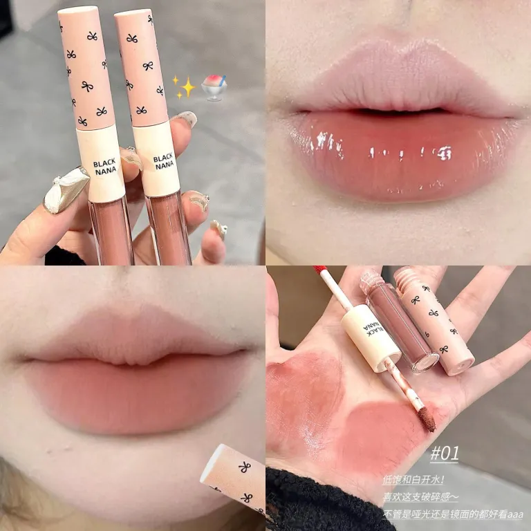 رژ لب دو سر BLACKNANA براق آینه‌ای مناسب استفاده روزانه با رنگ خاکستری-صورتی و بافت گلی و براق، مناسب آرایش ملایم و بدون آرایش
