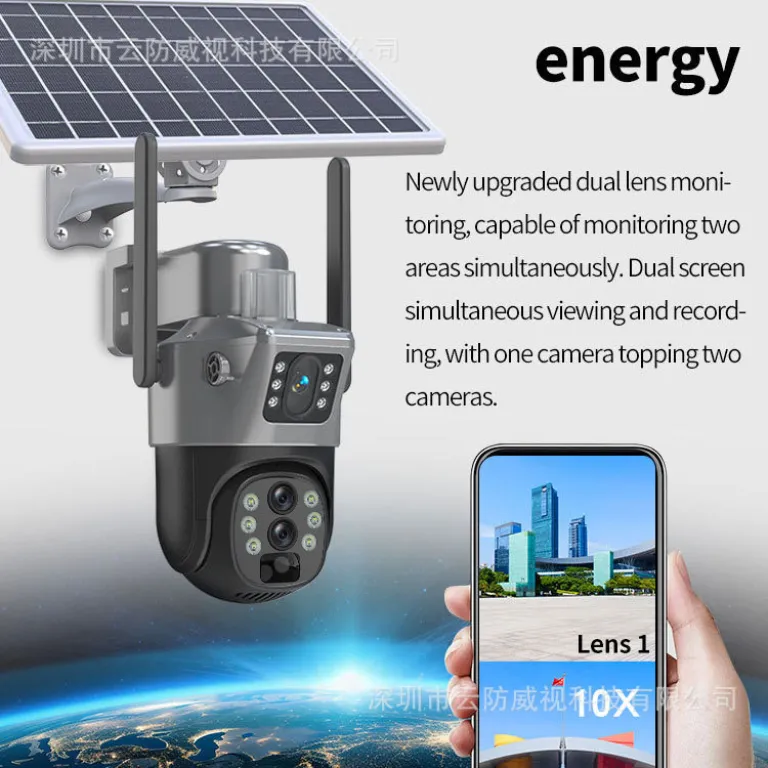 V380دوربین خورشیدی4G سه‌لنزی دو تصویره تفنگی-گوی10 زوم باتری کم‌مصرف مانیتور بی‌سیم