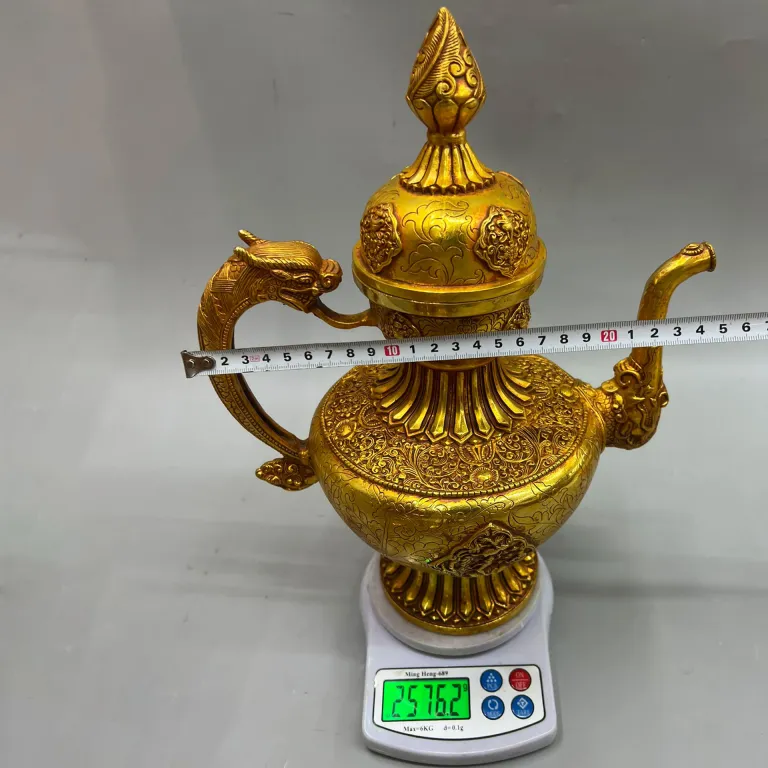 34cm قوری دسته‌اژدهایی تبتی با روکش مس خالص و آبکاری طلا، سبک آنتیک، مجسمه تزئینی مسی، اشیاء قدیمی بازار صنایع دستی