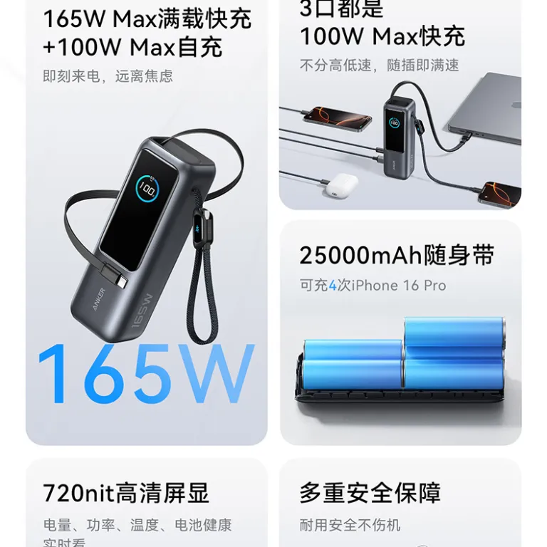 پاوربانک انکر Zolo 165W با دو کابل داخلی و شارژ سریع 25000 میلی‌آمپر ساعت A1695
