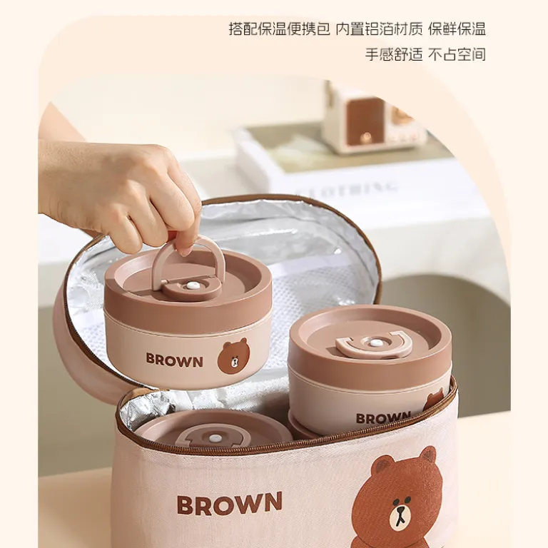 خرس براون 304 ظرف غذای استیل ضدزنگ عایق حرارتی گرد مخصوص ناهار دانش‌آموزان به سبک ژاپنی، قابل حمل برای محل کار و سوپ‌خوری