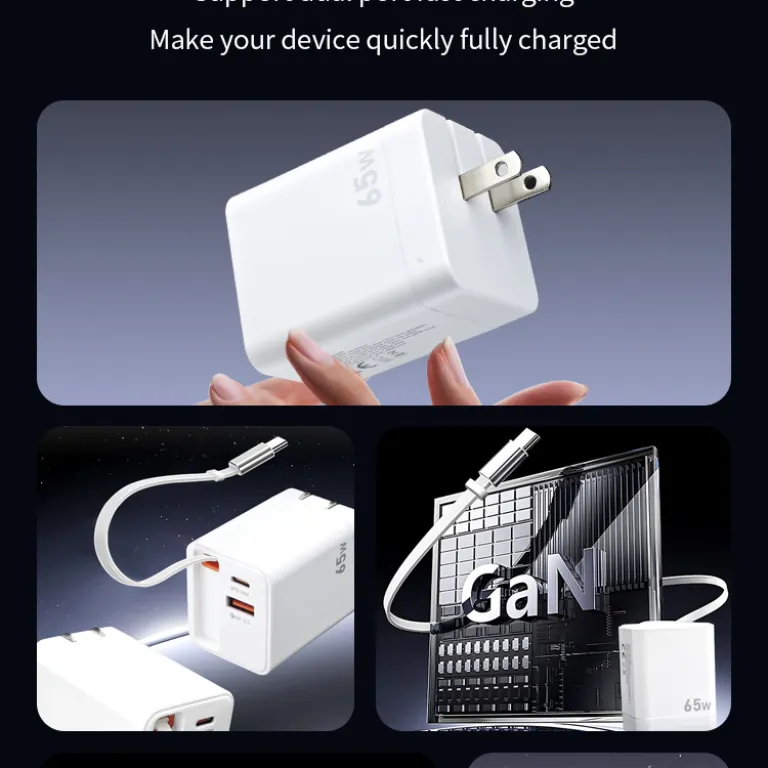 شارژر دیواری باکیفیت 65w دو پورت PD USB C با کابل جمع‌شونده و سر شارژ گالیوم نیترید