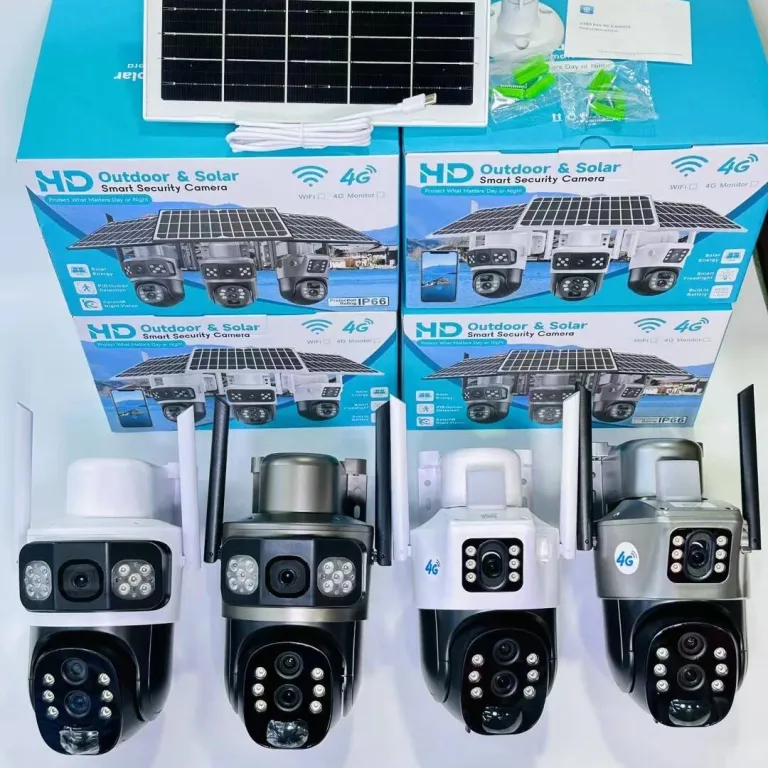 V380دوربین خورشیدی4G سه‌لنزی دو تصویره تفنگی-گوی10 زوم باتری کم‌مصرف مانیتور بی‌سیم