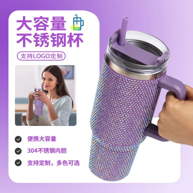 کراس‌بوردر 40oz لیوان خودرویی دسته‌دار نگین‌دار 304 لیوان عایق حرارتی استیل ضدزنگ با ظرفیت بالا لیوان یخ‌دار بزرگ عمده‌فروشی