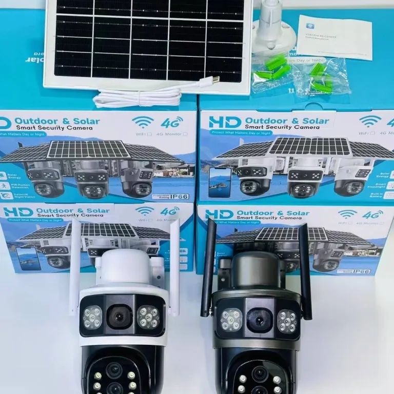 V380دوربین خورشیدی4G سه‌لنزی دو تصویره تفنگی-گوی10 زوم باتری کم‌مصرف مانیتور بی‌سیم