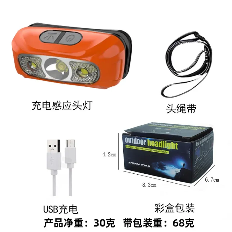 چراغ پیشانی سنسوردار با شارژ USB، چراغ LED دفاع شخصی، چراغ پیشانی قوی برای ماهیگیری شبانه، چراغ پیشانی کوچک هوشمند فضای باز