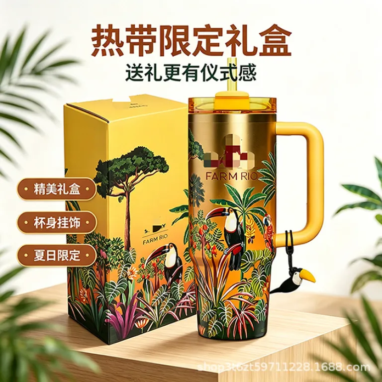 قمقمه جدید برون‌مرزی 40oz با ظرفیت بالا و طراحی شیک، هم‌مدل استنلی، طرح جنگل بارانی، سفارشی‌سازی