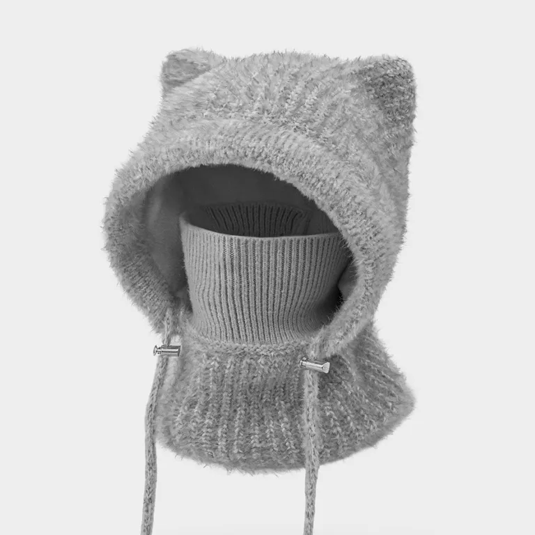 کلاه بافتنی زمستانی ضدباد با محافظ گوش و گرم‌کننده، طرح گوش گربه‌ای، یکپارچه با شال گردن و ماسک، آستر کرکی و ضخیم