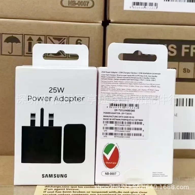 شارژر جدید 25W T2510 اورجینال مناسب سامسونگ S23/S24 با دوشاخه انگلیسی 25W و قابلیت سوپر فست شارژ