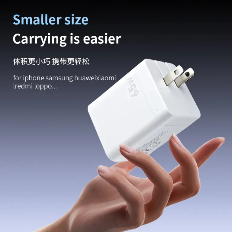 شارژر دیواری باکیفیت 65w دو پورت PD USB C با کابل جمع‌شونده و سر شارژ گالیوم نیترید