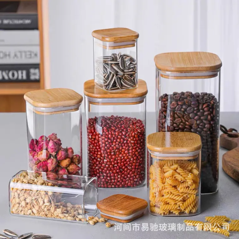 ظرف شیشه‌ای درب بامبو برای نگهداری غلات، ادویه، خشکبار، چای و دانه قهوه با درب ضد رطوبت