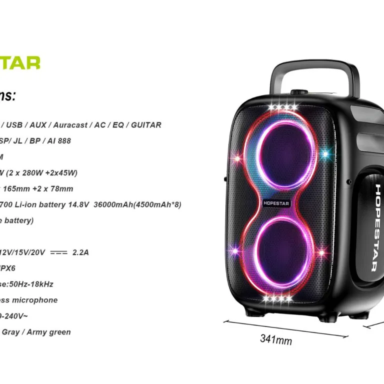 650W اسپیکر بلوتوثی بی‌سیم قابل حمل HOPESTAR PARTYONE CLUB با دو میکروفون دستی و نور RGB