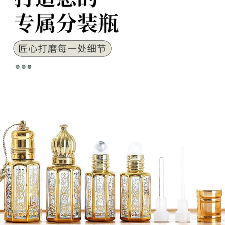موجود در انبار، بطری رول‌آن روغن اسانس هشت‌ضلعی با مهر طلایی، بطری تقسیم عطر خاورمیانه‌ای، بطری شیشه‌ای نمونه کوچک، بطری رول‌آن ماساژ چشم