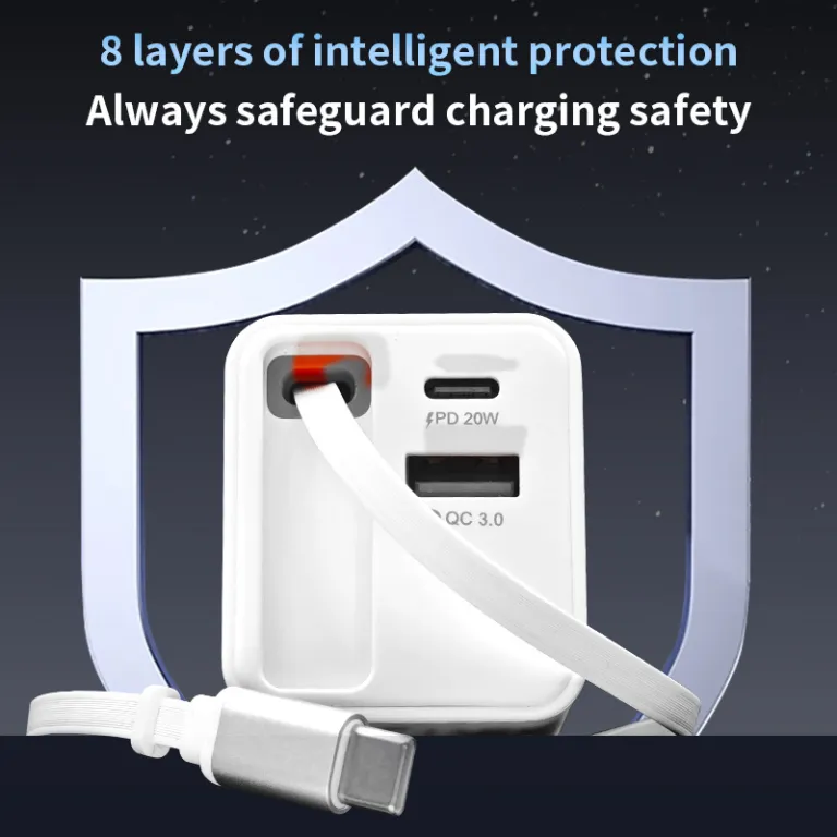 شارژر دیواری باکیفیت 65w دو پورت PD USB C با کابل جمع‌شونده و سر شارژ گالیوم نیترید