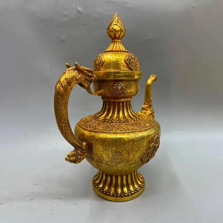 34cm قوری دسته‌اژدهایی تبتی با روکش مس خالص و آبکاری طلا، سبک آنتیک، مجسمه تزئینی مسی، اشیاء قدیمی بازار صنایع دستی