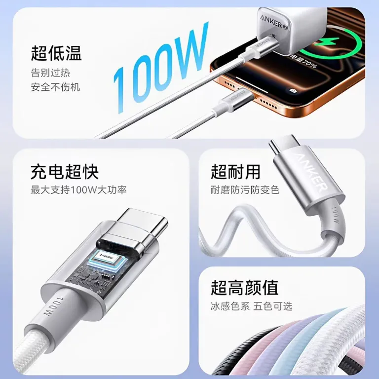 ست ترکیبی شارژر ANKER 30W به همراه کابل بافته‌شده 1 متری 100W
