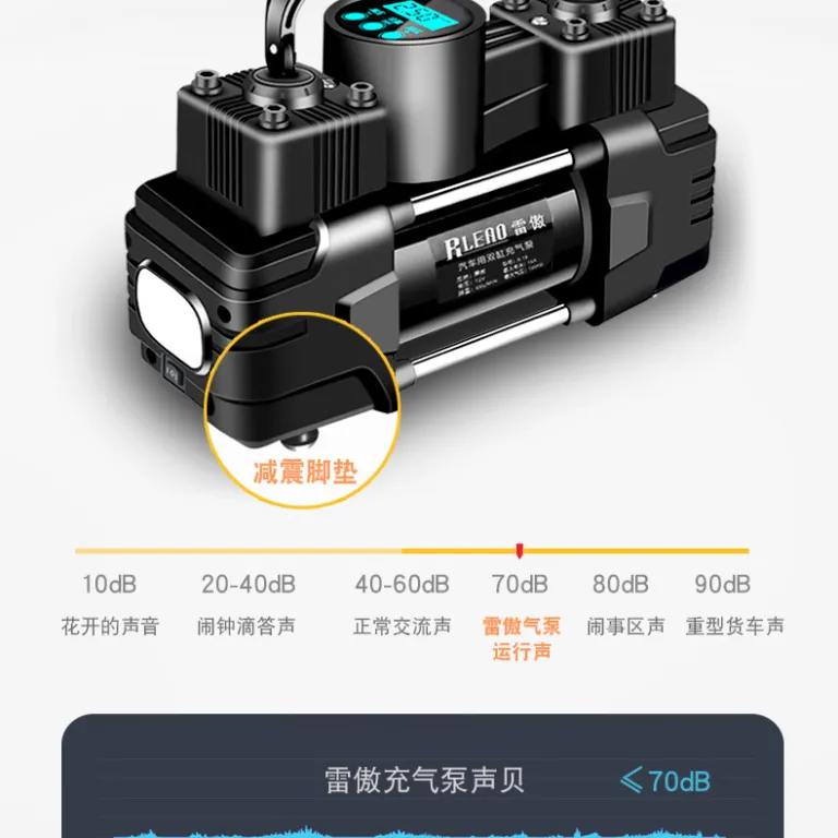 پمپ باد خودرو برقی دو سیلندر پرقدرت قابل حمل لئو برای لاستیک خودرو و موتورسیکلت 12V