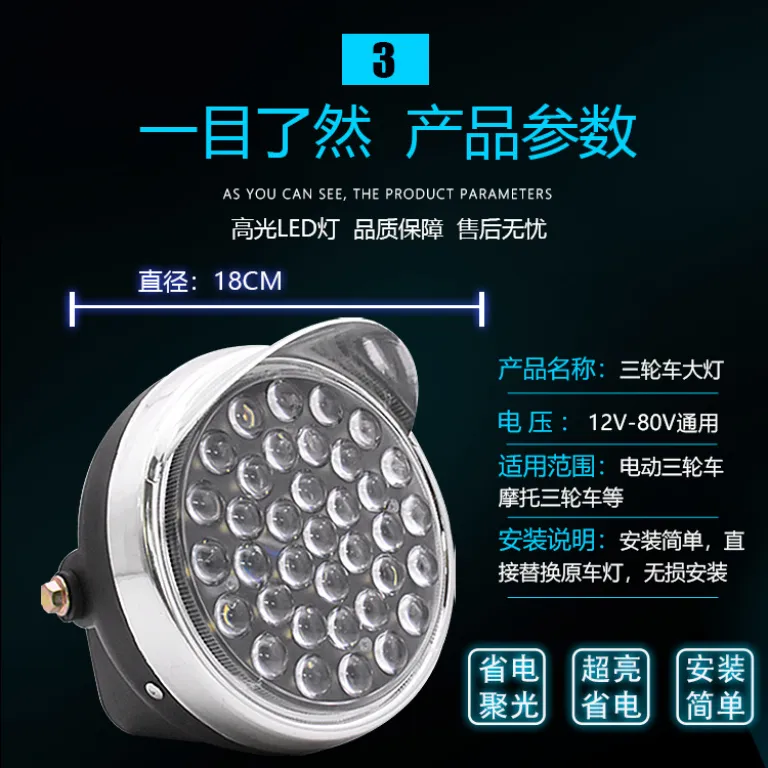 چراغ جلو LED فوق‌روشن گرد 12v-80V برای موتورسیکلت و سه‌چرخه برقی