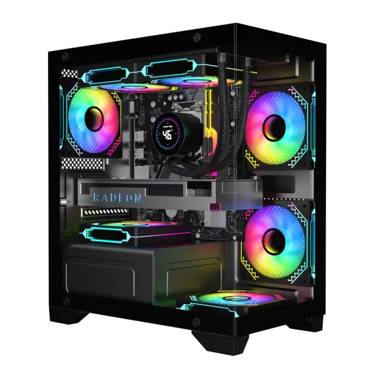 کیس کامپیوتر روباه نه‌دم T2 بدون ستون با نمای panoramic، شیشه جانبی، matx، 240 خنک‌کننده آبی، بدنه DIY