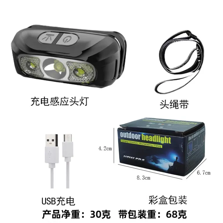 چراغ پیشانی سنسوردار با شارژ USB، چراغ LED دفاع شخصی، چراغ پیشانی قوی برای ماهیگیری شبانه، چراغ پیشانی کوچک هوشمند فضای باز