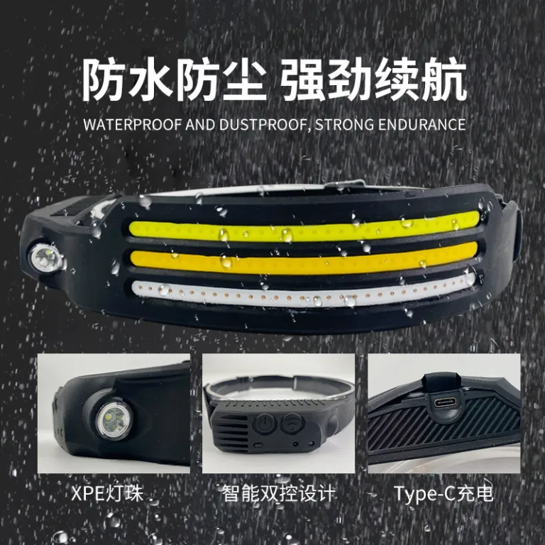 چراغ پیشانی جدید کراس‌بوردر COB سیلیکونی قابل حمل با سنسور حرکت دست، USB، مینی، چندکاره برای فضای باز، ماهیگیری و چراغ قوه قوی
