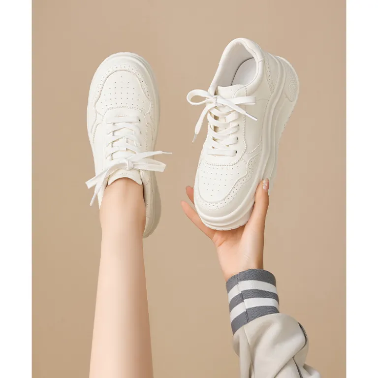 کفش سفید راحتی هاسن 7cm چرم طبیعی رویه ضخیم پاشنهبلند دانشجویی پایه