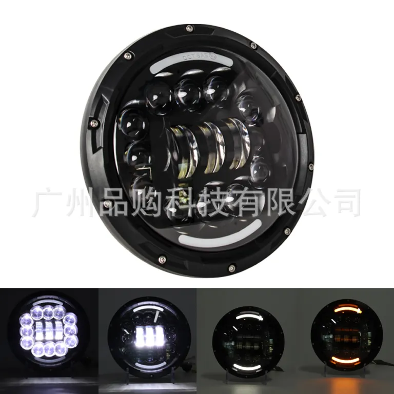 چراغ جلو LED گرد بدون قاب 7 اینچی همراه سیم‌کشی، در رنگ مشکی و نقره‌ای، مناسب هارلی و رانگلر