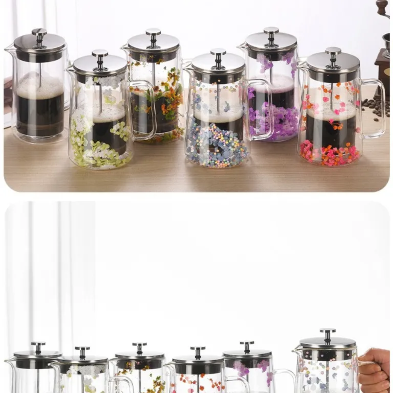 فرنچ پرس دولایه شیشه بوروسیلیکات با فیلتر قهوه، قوری فرنچ پرس خانگی برای دم کردن چای و قهوه