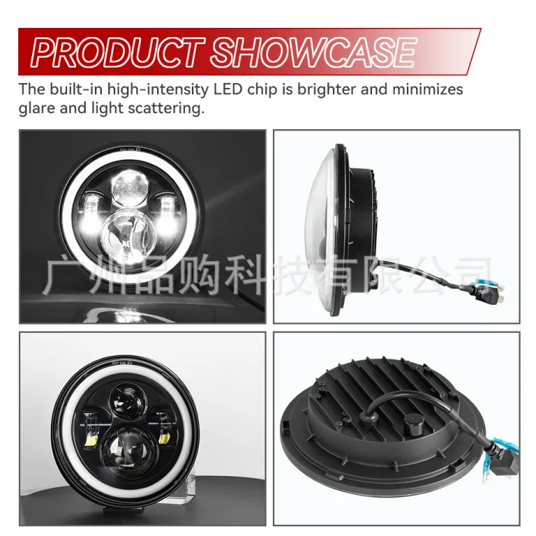 چراغ جلو LED گرد بدون قاب 7 اینچی همراه سیم‌کشی، در رنگ مشکی و نقره‌ای، مناسب هارلی و رانگلر