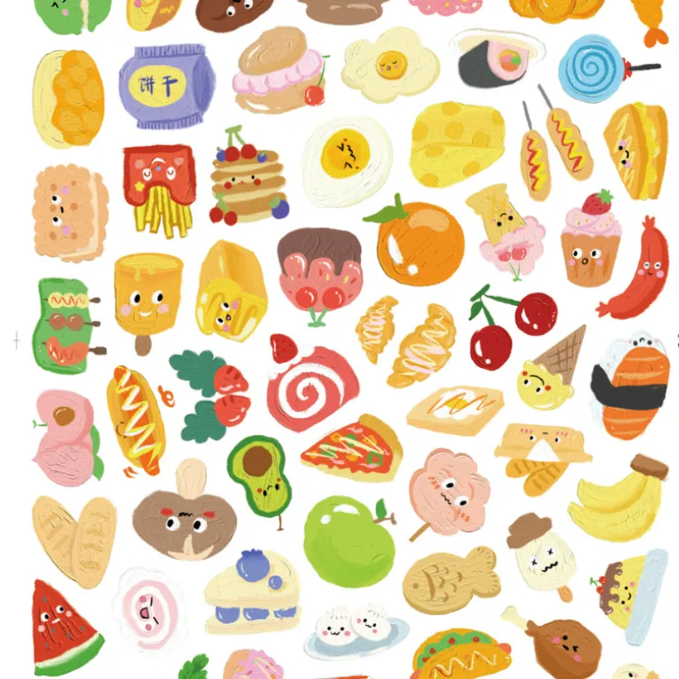 1000 برچسب‌های کارتونی تنقلات و دسر، تزئینی برای بسته‌بندی نوشیدنی، لیوان و دفترچه یادداشت، عمده