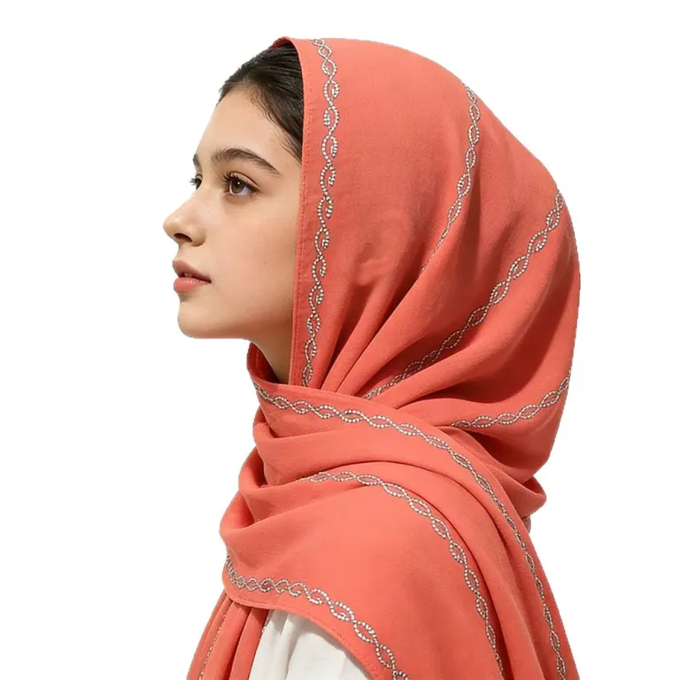 شال گردن زنجیردار با سنگدوزی از حریر مرواریدی جدید مالزی و اندونزی، روسری زنانه مسلمان، شال نخی تنفسپذیر