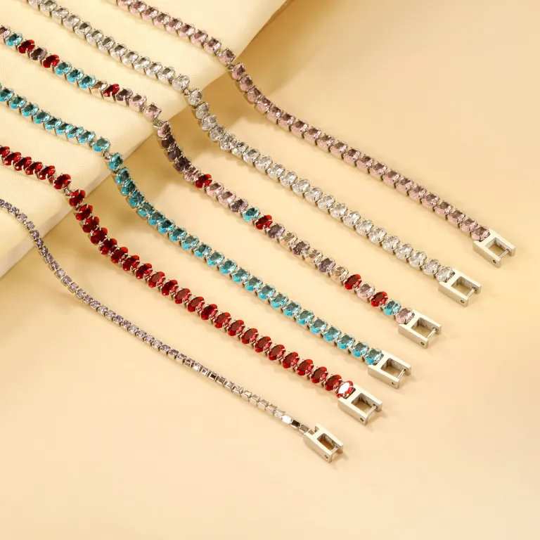 دستبند تنیس زنانه با زیرکونیا طرح بیضی رنگارنگ خاص و شیک مناسب استایل اروپایی