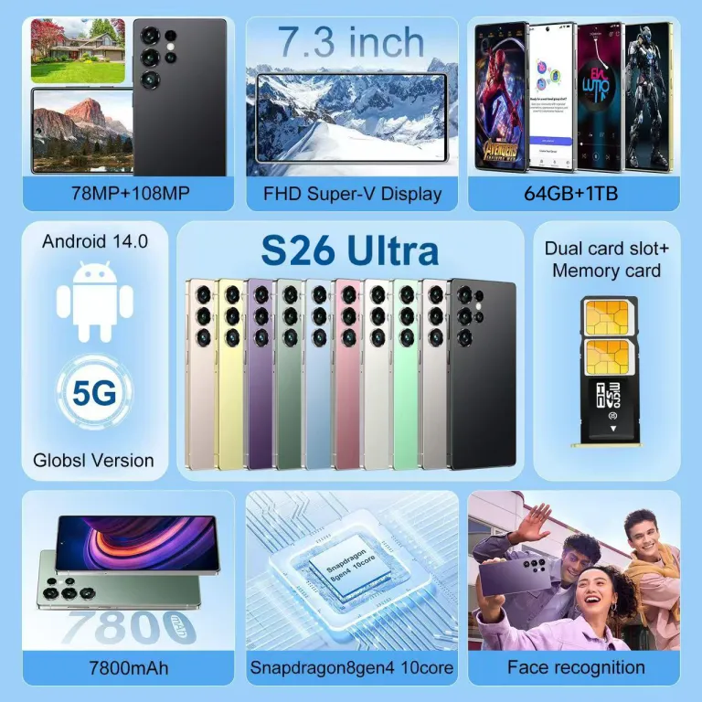 S26 ultra گوشی موبایل کراس‌بردر با صفحه‌نمایش بزرگ حفره‌دار اندروید موجودی آماده صادراتی پرفروش 7.3 اینچ قلم داخلی 4+64g