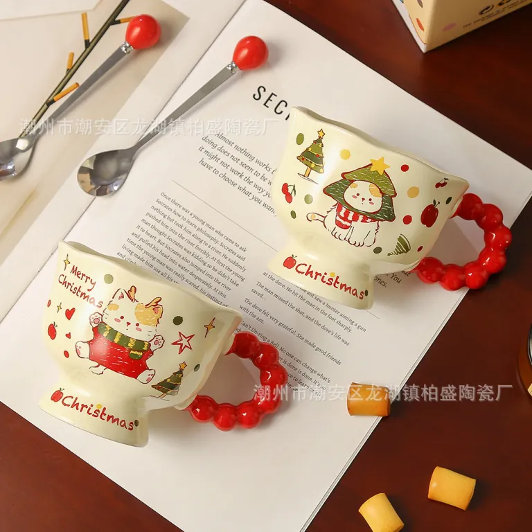 ماگ سرامیکی کریسمس طرح کارتونی زیبا و دوست‌داشتنی با قاشق، مناسب هدیه کریسمس و استفاده روزمره