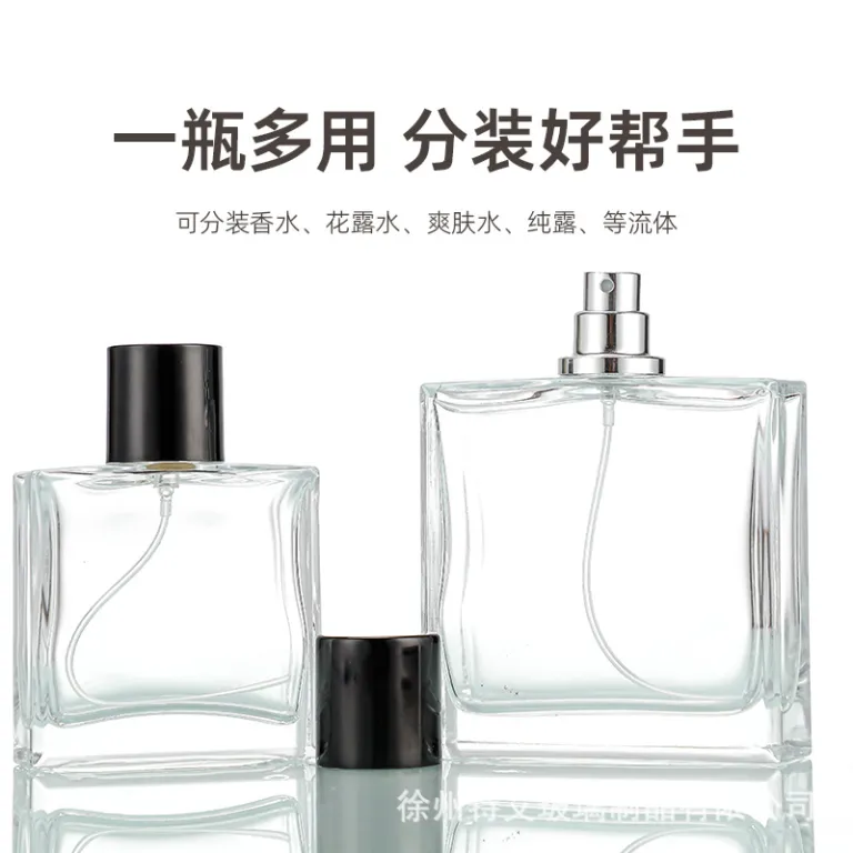 50ml بطری اسپری عطر شیشه‌ای 100ml بطری لوازم آرایشی تخت و مربعی با پمپ فشاری، بطری تقسیم عطر با چاپ لوگو