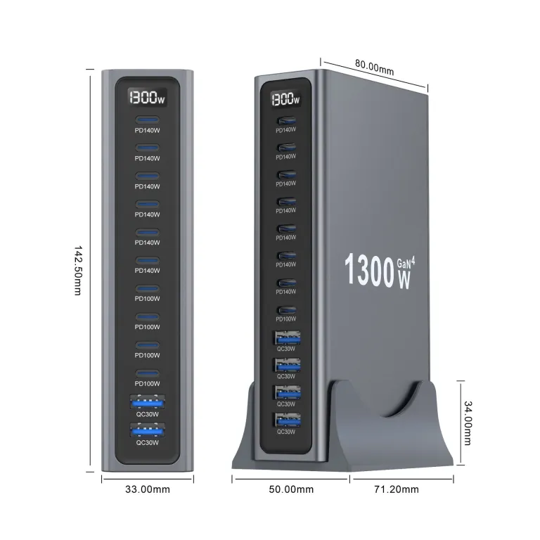 شارژر رومیزی 1200W مدل جدید بین‌المللی 1300W شارژر PD نیترید گالیوم 12 پورت رومیزی