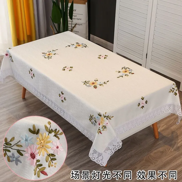 رومیزی مستطیلی گلدوزی‌شده دست‌دوز برای میز جلو مبلی، رومیزی ناهارخوری خانگی، مدرن و ساده، پارچه کتان و پنبه، سفید، طرح مینیمال و تازه