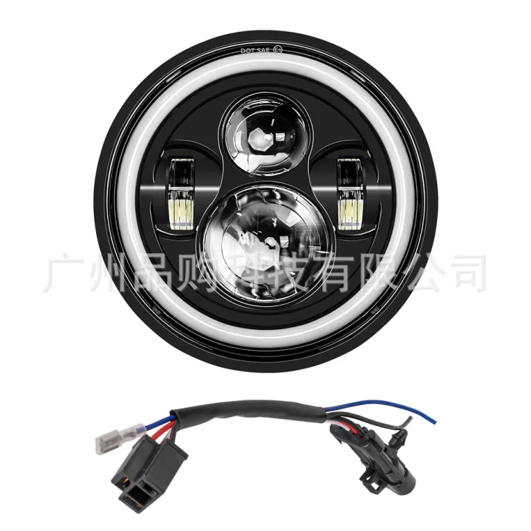 چراغ جلو LED گرد بدون قاب 7 اینچی همراه سیم‌کشی، در رنگ مشکی و نقره‌ای، مناسب هارلی و رانگلر