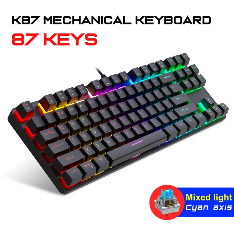 کیبورد مکانیکی فلزی K87 با 87 کلید، نور RGB، سوییچ آبی، مناسب بازی و اداری