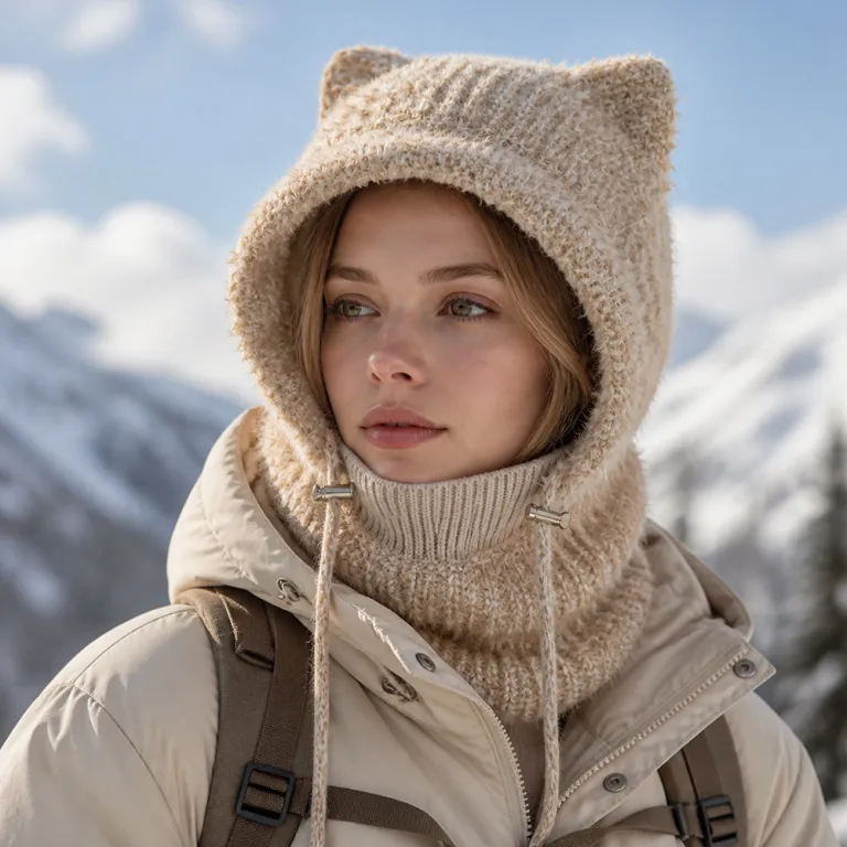 کلاه بافتنی زمستانی ضدباد با محافظ گوش و گرم‌کننده، طرح گوش گربه‌ای، یکپارچه با شال گردن و ماسک، آستر کرکی و ضخیم