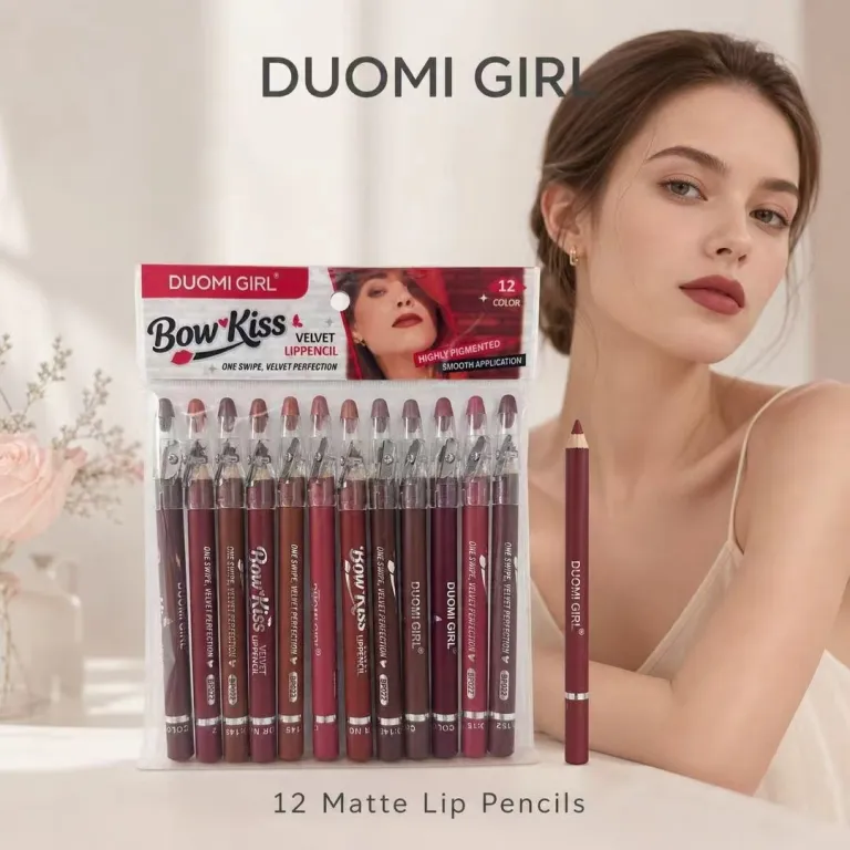 مداد لب مات جدید DUOMI GIRL ضدآب و ضدتعریق، مداد لب صاف و خط لب همراه با مدادتراش