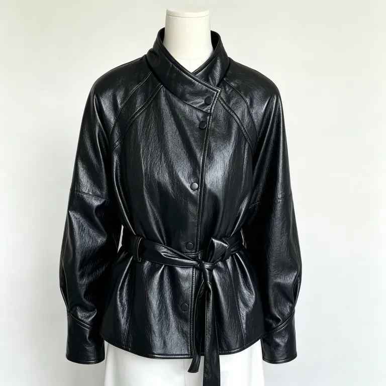 ژاکت چرم مصنوعی PU زنانه طرح کرهای یقه ایستاده کمر کش دار بنددار موتوری تک ردیف دکمه بدون نیاز به شستشو