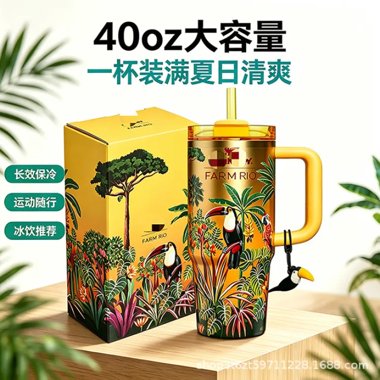 قمقمه جدید برون‌مرزی 40oz با ظرفیت بالا و طراحی شیک، هم‌مدل استنلی، طرح جنگل بارانی، سفارشی‌سازی