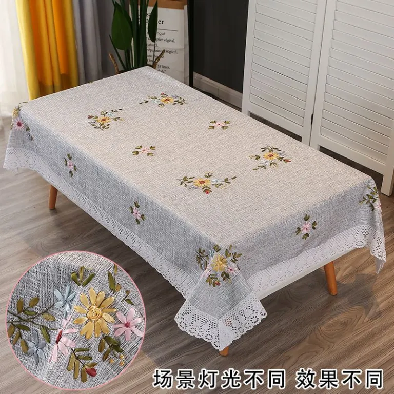 رومیزی مستطیلی گلدوزی‌شده دست‌دوز برای میز جلو مبلی، رومیزی ناهارخوری خانگی، مدرن و ساده، پارچه کتان و پنبه، سفید، طرح مینیمال و تازه